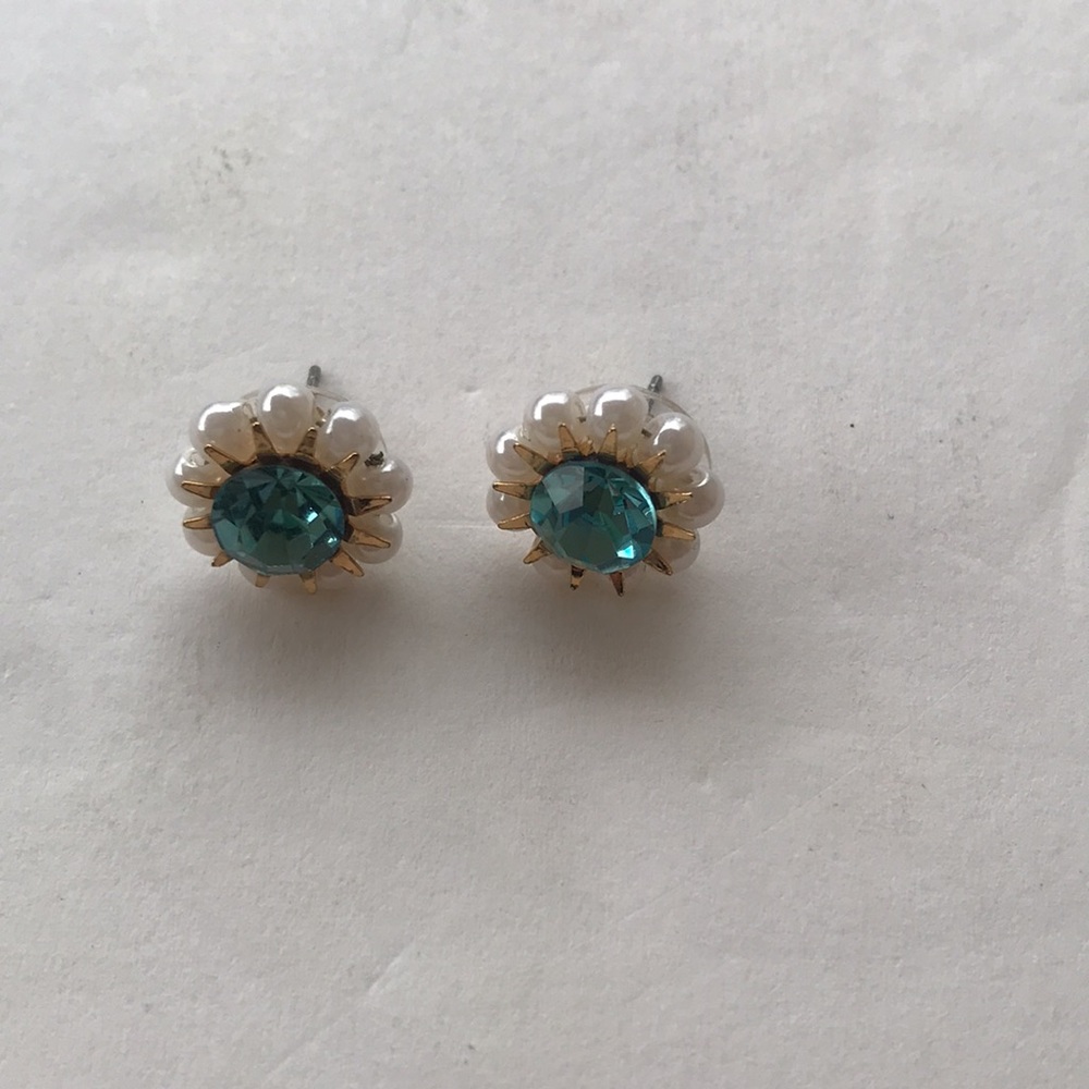 Y2k Betsey Johnson Stud Pearl Blue Gold Gem Tiffany Teal Vintage Sun Star Burst - Picture 3 of 12